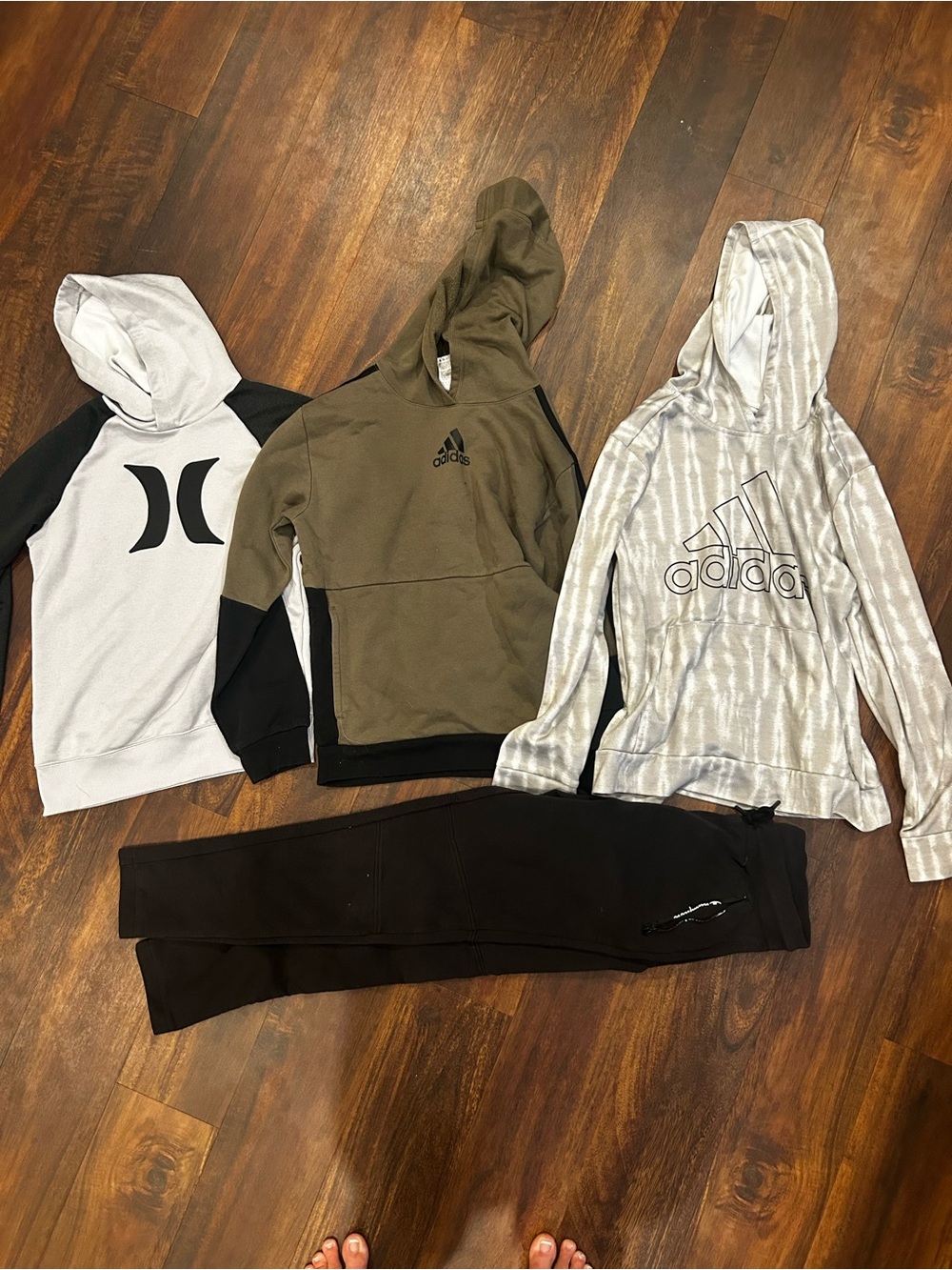 adidas, hurley hoodies and champion sweatpants 14-16 large lot